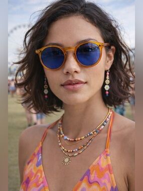 Incognito Eyewear Round Amber Frame Blue Lens Sunglasses Festival Retro